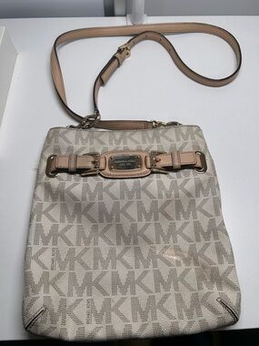 Michael Kors Beige MK Logo Crossbody with Tan Trim and Gold Hardware